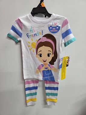 Girls Ms Rachel Pajama Set with Rainbow Stripes - White, Pink, Blue, Teal